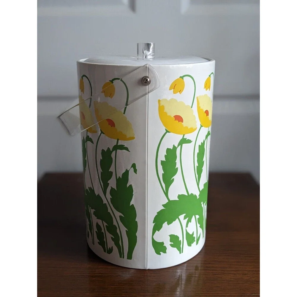 Vintage‎ 1970s Ice Bucket Yellow Poppies Bold Floral Print Padded White Vinyl